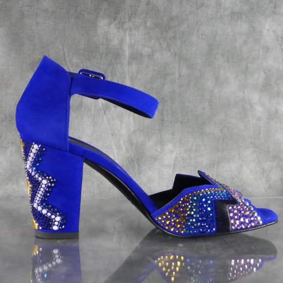 Giuseppe Zanotti LAVINIA Blue Suede Crystal Peep Toe Heels Size 7* US 37 EU S1E1 - Picture 1 of 12